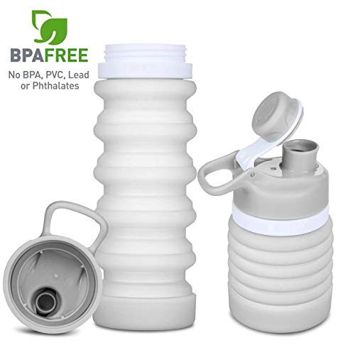 SOULBEST Botella de Agua Plegable Botella de Agua Plegable a Prueba de Fugas Botella de Bebida Plegable de Silicona portátil para Deporte Senderismo Ciclismo Acampada BPA Gratis 550 ml (Gris)