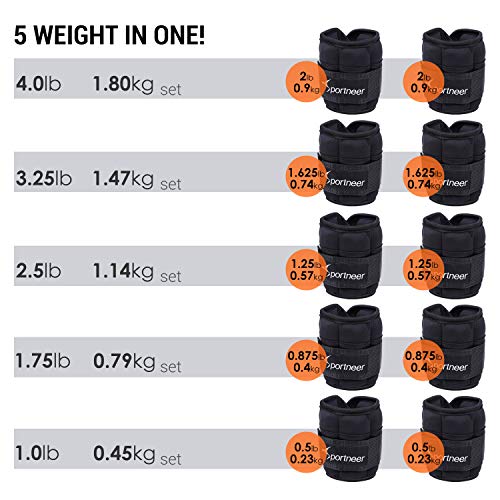 Sportneer Peso para Tobillo, Pesas Ajustables 0.25Kg - 1.8Kg (1 par) Peso Durable para Muñeca con Correa Ajustable para Ejercicio, Ejercicio, Caminar, Footing, Gimnasia, Aeróbic, Gimnasio - Negro