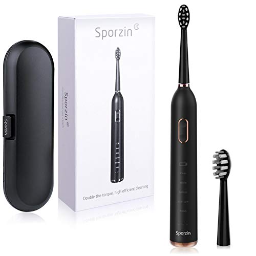 Sporzin Cepillos de Dientes Electricos Cepillo Electrico Cepillo Dientes Electrico Carga USB que Dura 60 Días 3 Modos de Iimpieza y 3 Intensidades 1 Estuche Viaje 2 Cabezales de Repuesto