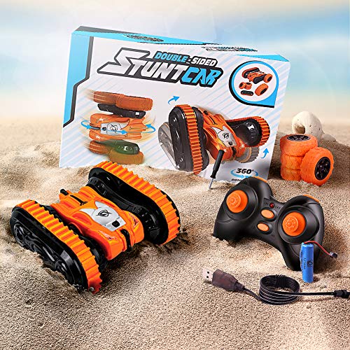 StillCool Coche Teledirigido con 2 en 1 Neumáticos, Coche de Control Remoto 2.4 GHz Gira 360° de Rotación con Acrobacias Geniales, Carga USB y Batería Recargable Regalo para Niños - Naranja
