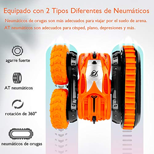StillCool Coche Teledirigido con 2 en 1 Neumáticos, Coche de Control Remoto 2.4 GHz Gira 360° de Rotación con Acrobacias Geniales, Carga USB y Batería Recargable Regalo para Niños - Naranja