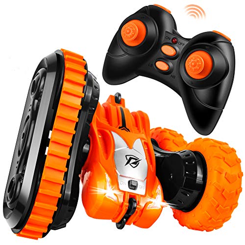 StillCool Coche Teledirigido con 2 en 1 Neumáticos, Coche de Control Remoto 2.4 GHz Gira 360° de Rotación con Acrobacias Geniales, Carga USB y Batería Recargable Regalo para Niños - Naranja
