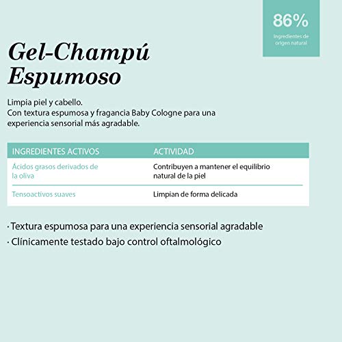 Suavinex 303727 – Gel-Champú Espumoso para Bebés. No Pica En Los Ojos. Textura Espumosa y Fragancia Baby Cologne. 86% Ingredientes de Origen Natural. Gel-Champú para Piel y Cabello, 750Ml