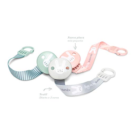 Suavinex 306632 - Broche Pinza con Cinta de Chupetes para Bebés +0 meses. Broche Pinza Redondo con Nueva Placa más Pequeña. 0% BPA. Color gris