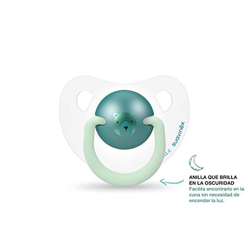 SUAVINEX 306811 - Pack 2 Chupetes Nocturnos para bebés 6-18 meses Con Anilla Luminiscente Tetina Anatómica de Silicona Brilla en la Oscuridad, Verde