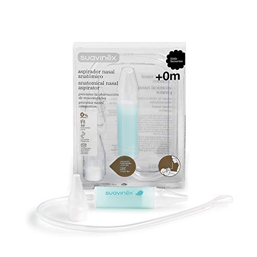 Suavinex - Aspirador nasal bebé +0 meses con boquilla anatómica y tubo flexible. Alivia La Mucosidad del bebé. incluye Recambio y Esponjita desechable. 0% BPA