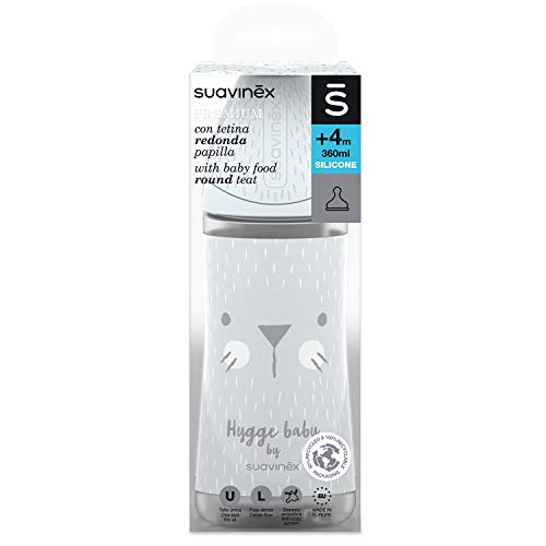 Suavinex Biberón Premium Tetina Redonda de Silicona Flujo Denso 0% BPA, 360ml, Whiskers Gris