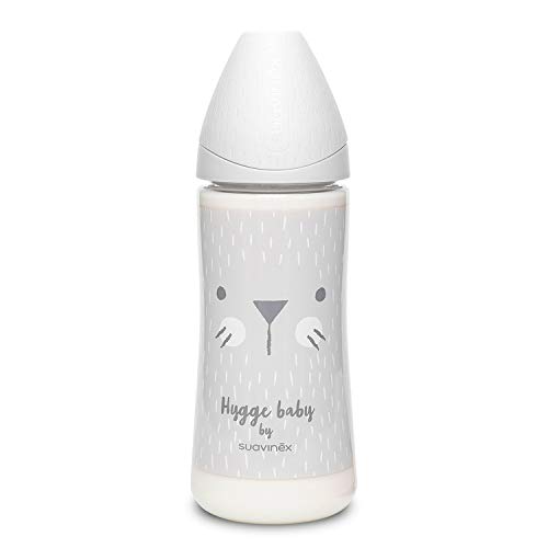 Suavinex Biberón Premium Tetina Redonda de Silicona Flujo Denso 0% BPA, 360ml, Whiskers Gris
