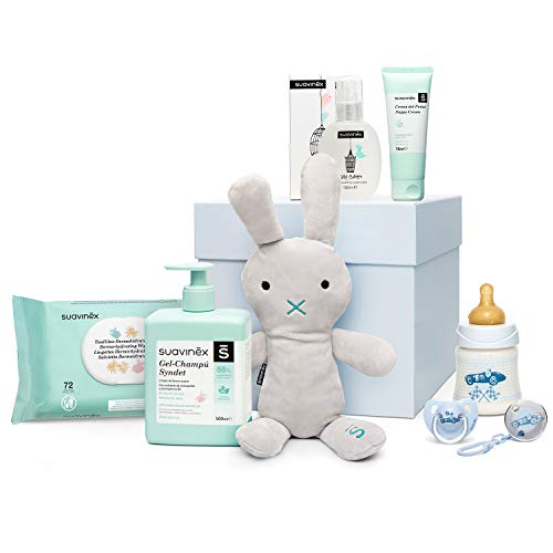 Suavinex - Canastilla de regalo baby shower para recién nacido con biberón, chupete, broche, gel-champú Syndet, crema pañal y toallitas, 0-6 meses, azul