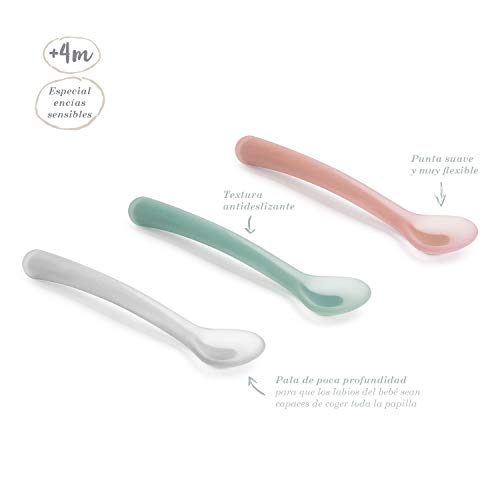 Suavinex - Cuchara de Silicona Adecuada Para Encías Sensibles Apta Para Lavavajillas Para Bebés +4 Meses, Color Verde