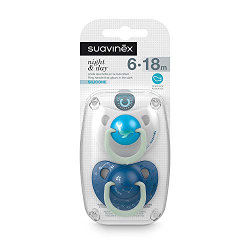 Suavinex - Pack 2 Chupetes Nocturnos para bebés 6-18 meses con Anilla Luminiscente Tetina Anatómica de Silicona Brilla en la Oscuridad, Azul (306809)