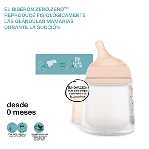 Suavinex Zero-Zero Biberón anticólicos +0 meses, 180 ml - Tetina Lactancia Materna, Flujo Adaptable