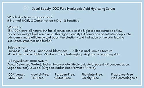 Suero de ácido hialurónico para la piel de la cara Ojos y labios. El mejor hidratante anti-envejecimiento 100% hialuronano puro para uso tópico. La solución más alta del 4%. Suavizante antiarrugas