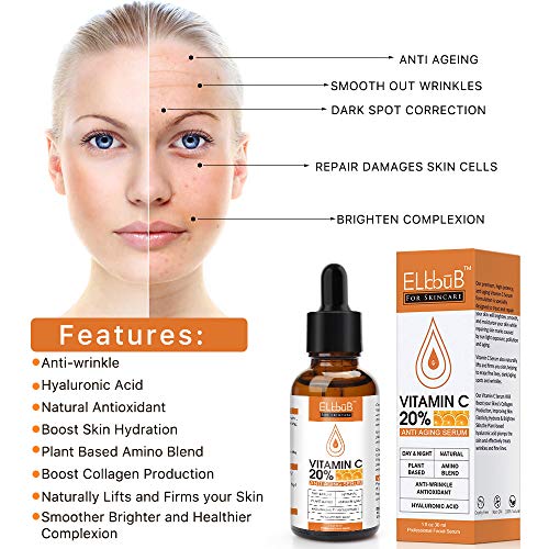 Suero de Vitamina C para Rostro - Suero Facial Puro con 20% Vitamina C, ácido hialurónico, Vitamina B para Suero Anti edad para Rostro, Cuello y Contorno de Ojos