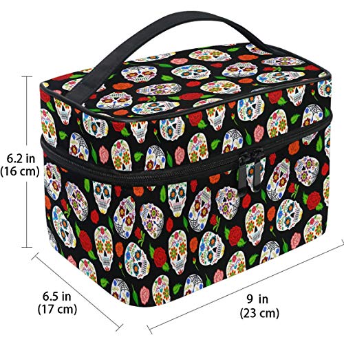 Sugar Skulls Roses Bolsa de cosméticos Bolsa de maquillaje Bolsa de tren Bolsa de transporte Portátil con cremallera de viaje Cosméticos Bolsa de almacenamiento Organizador Grande para Niñas Mujeres