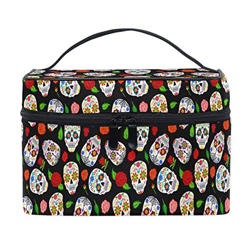 Sugar Skulls Roses Bolsa de cosméticos Bolsa de maquillaje Bolsa de tren Bolsa de transporte Portátil con cremallera de viaje Cosméticos Bolsa de almacenamiento Organizador Grande para Niñas Mujeres