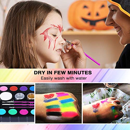 Supchamp Kit de Pintura Facial para Niños, 16 Colores No-tóxicos Paleta con 60 planillas, Set de Maquillaje Seguro para Niños, Set de Maquillaje para Halloween, Navidad