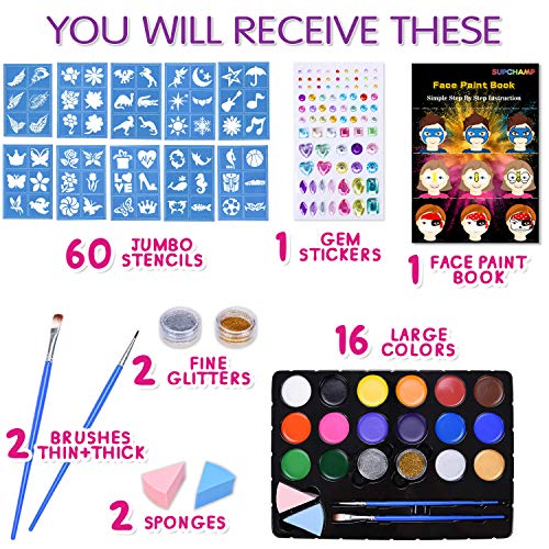 Supchamp Kit de Pintura Facial para Niños, 16 Colores No-tóxicos Paleta con 60 planillas, Set de Maquillaje Seguro para Niños, Set de Maquillaje para Halloween, Navidad