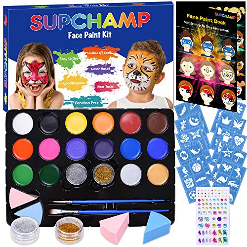 Supchamp Kit de Pintura Facial para Niños, 16 Colores No-tóxicos Paleta con 60 planillas, Set de Maquillaje Seguro para Niños, Set de Maquillaje para Halloween, Navidad