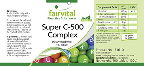 Super C Complex 500mg - Complejo de Vitamina C VEGANO con Bioflavonoides cítricos + Hesperidina + Rutina + Escaramujo + Acerola + Alfalfa y Cebada - Dosis elevada - 100 Comprimidos - Calidad Alemana