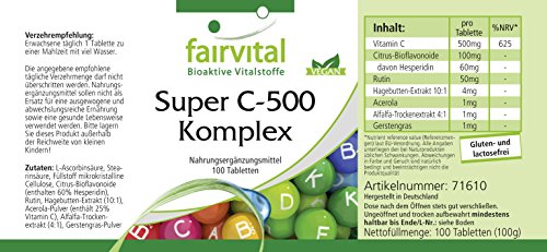 Super C Complex 500mg - Complejo de Vitamina C VEGANO con Bioflavonoides cítricos + Hesperidina + Rutina + Escaramujo + Acerola + Alfalfa y Cebada - Dosis elevada - 100 Comprimidos - Calidad Alemana