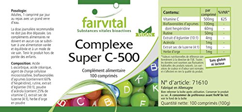 Super C Complex 500mg - Complejo de Vitamina C VEGANO con Bioflavonoides cítricos + Hesperidina + Rutina + Escaramujo + Acerola + Alfalfa y Cebada - Dosis elevada - 100 Comprimidos - Calidad Alemana