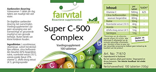 Super C Complex 500mg - Complejo de Vitamina C VEGANO con Bioflavonoides cítricos + Hesperidina + Rutina + Escaramujo + Acerola + Alfalfa y Cebada - Dosis elevada - 100 Comprimidos - Calidad Alemana