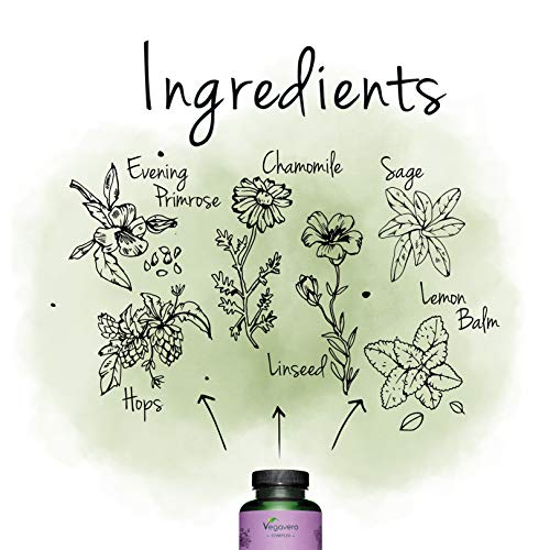 Suplemento Menopausia Vegavero® | Lúpulo + Aceite de Onagra + Salvia + Manzanilla + Melisa | 120 Cápsulas | Sofocos + Sudoración + Dolor de Cabeza | Sin Aditivos | Para Mujer | Meno Pro Complex
