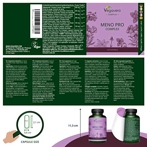 Suplemento Menopausia Vegavero® | Lúpulo + Aceite de Onagra + Salvia + Manzanilla + Melisa | 120 Cápsulas | Sofocos + Sudoración + Dolor de Cabeza | Sin Aditivos | Para Mujer | Meno Pro Complex