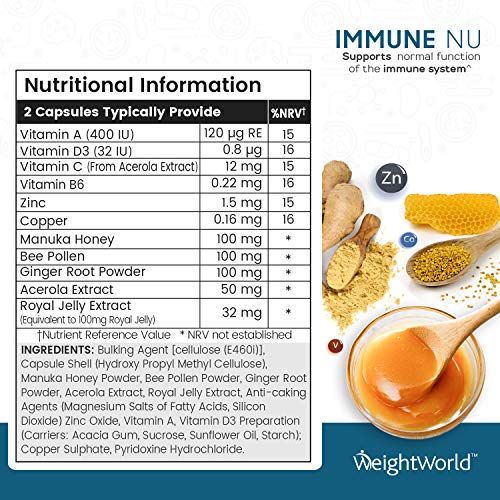 Suplemento Multivitamínico Immune Nu, Para Fortalecer Sistema Inmunológico | Con Antioxidantes Potentes, Jalea Real, Vitamina C, Vitamina D3, Jengibre y Acerola, 60 Cápsulas, 100% Natural