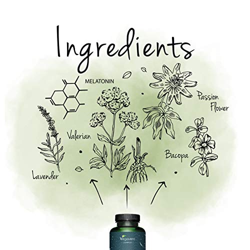 Suplemento Para Ansiedad + Insomnio Vegavero® | Anti Estrés | Melatonina + Valeriana + Pasiflora + Lavanda + Bacopa Monnieri | Sin Aditivos | 120 Cápsulas | Ayuda para Dormir + Dejar de Fumar