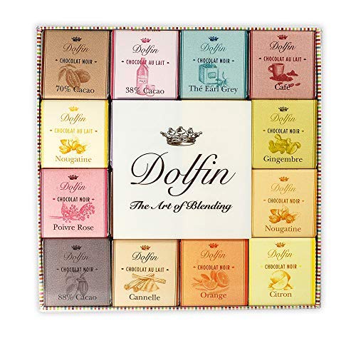 Surtido Dolfin de 48 carrè de leche y chocolate negro: canela, limón, pimiento rosa, lavanda, 70% cacao, 38% cacao, turrón, naranja, té Earl Grey, jengibre, café - 1 x 216 gramos