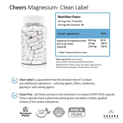 Tabletas de Citrato de Magnesio (320 mg) - 90 cápsulas Veganas - ZMB6 - La absorción más alta en Suplementos de Magnesio - Zinc y Vitamina B6 - Dormir como un bebé y aliviar los calambres