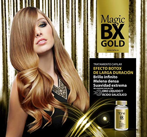 Tahe Magic BX Gold Tratamiento Capilar Redensificador Hidratante Efecto Botox de Larga Duración, Caja de 5 Ampollas 10 ml. Brillo Infinito, Melena Densa, Suavidad Extrema