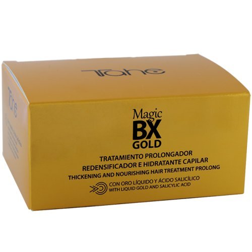 Tahe Magic BX Gold Tratamiento Capilar Redensificador Hidratante Efecto Botox de Larga Duración, Caja de 5 Ampollas 10 ml. Brillo Infinito, Melena Densa, Suavidad Extrema