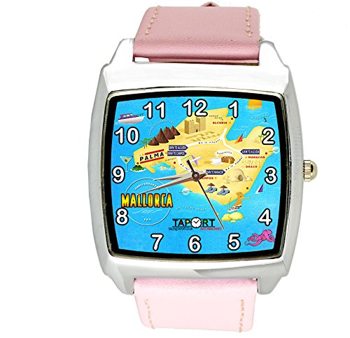 taport® España Mallorca isla cuarzo cuadrado Watch Color Rosa Real piel banda + libre batería de repuesto + libre bolsa de regalo