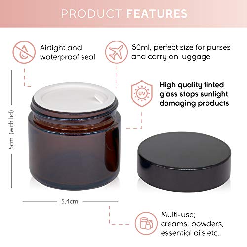 Tarro de Cristal marrón con Tapas roscadas y Forros Blancos para cremas, lociones y aceites Esenciales - Tarro de 2oz / 60ml (16 Pack)