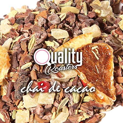 Té Chai. Chai de Cacao. Blend. Con trozos de cacao (54%), pimienta rosa, anís, regaliz, piel y trozos de naranja, trozos de canela, jengibre, hinojo. Antioxidante. 100 gramos
