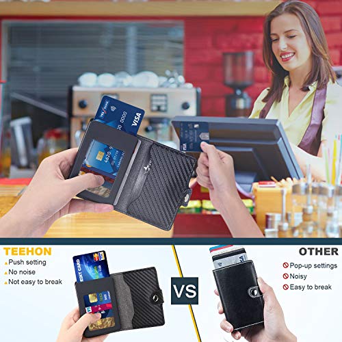 TEEHON Carteras Hombre, Tarjetero Hombre, Cartera RFID Tarjeta, Cuero Fibra de Carbono Cartera Hombre con 1 Caja de Tarjeta de Metal de Cartera Empuje Manual, 3 Ranuras para Tarjetas y Billetes -Negro