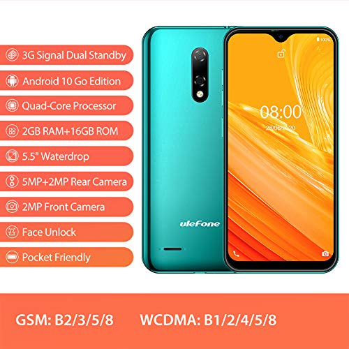 Teléfono Móvil Libre, Ulefone Note 8 Android 10 3G Smartphone Libre, 2GB RAM 16GB ROM Smartphone, Pantalla 5.5" Water-Drop Screen Movil, 5MP + 2MP + 2MP, Dual SIM, Face ID, GPS, Bluetooth (Verde)