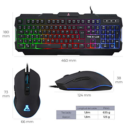 THE G-LAB Combo HELIUM 4 en 1 Gaming Bundle - Teclado Gaming QWERTY – Incluye Ñ - Retroiluminado, Ratón Gaming de 2400 DPI, Auriculares in-ear, Alfombrilla de Ratón Antideslizante – PC PS4 Xbox One