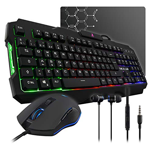 THE G-LAB Combo HELIUM 4 en 1 Gaming Bundle - Teclado Gaming QWERTY – Incluye Ñ - Retroiluminado, Ratón Gaming de 2400 DPI, Auriculares in-ear, Alfombrilla de Ratón Antideslizante – PC PS4 Xbox One