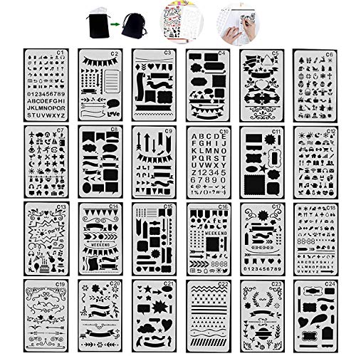Tian Plantillas Pintura Set - 24pcs A5 Plastico Plantillas Dibujo Stencil Bullet Journal para Scrapbooking Planner con Bolsa de Lona Exquisita