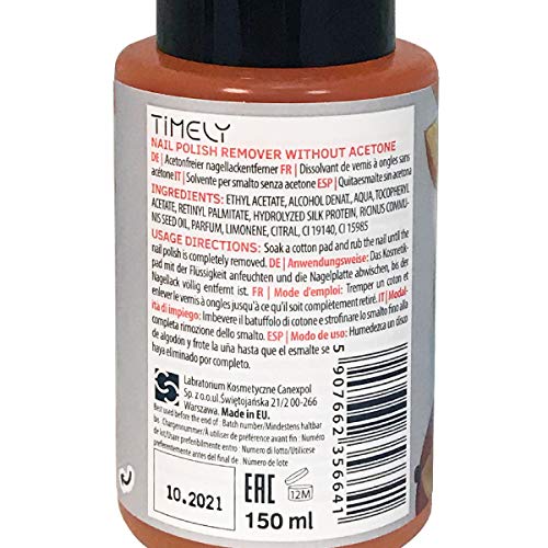 Timely - Quitaesmalte para uñas sin acetona con vitaminas E y A y proteínas de seda, tamaño pequeño, 150 ml