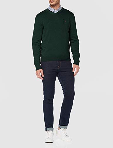 Tommy Hilfiger Organic Cotton Silk V Neck Sudadera, Verde (Pine Grove Heather Mq5), Small para Hombre