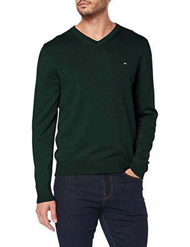 Tommy Hilfiger Organic Cotton Silk V Neck Sudadera, Verde (Pine Grove Heather Mq5), Small para Hombre