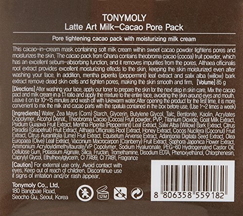 Tony Moly - Latte Art Milk Cacao Pore Care Pack, Mascarilla Para Poros, 85 gr