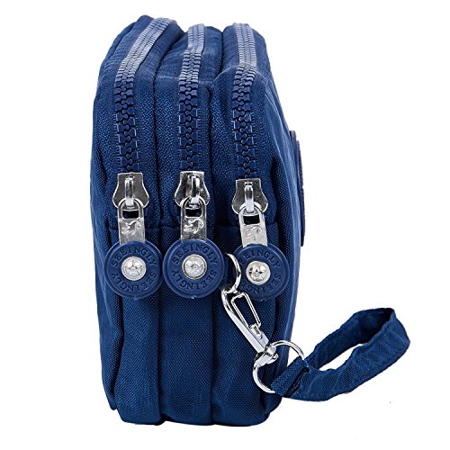 TOOGOO Las mujeres pequenas de la carpeta de la arruga el bolso del telefono de la tela tres cremalleras portatiles Bolsa de cosmeticos Azul oscuro