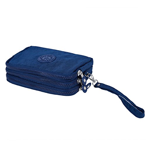 TOOGOO Las mujeres pequenas de la carpeta de la arruga el bolso del telefono de la tela tres cremalleras portatiles Bolsa de cosmeticos Azul oscuro