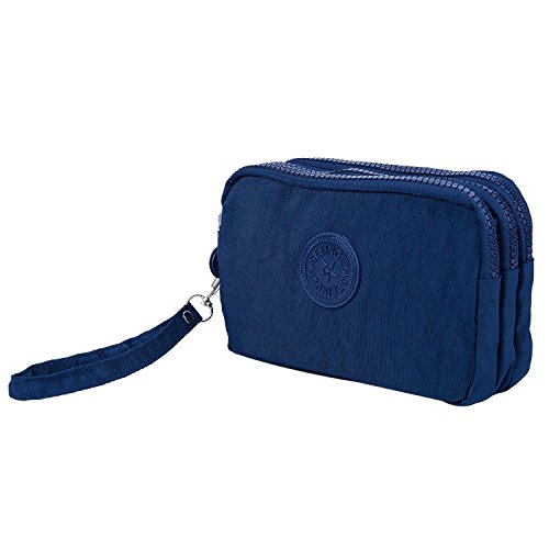 TOOGOO Las mujeres pequenas de la carpeta de la arruga el bolso del telefono de la tela tres cremalleras portatiles Bolsa de cosmeticos Azul oscuro